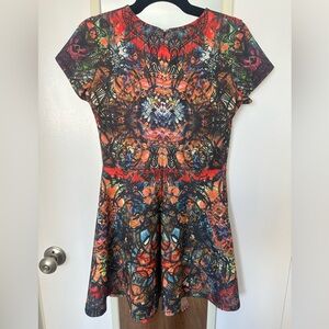 Aqua Vibrant Red and Black Patterned Fit and Flare Short Sleeve Dress